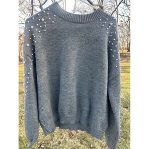 Mock Pearl-Embellished Crewneck Sweater - Gray